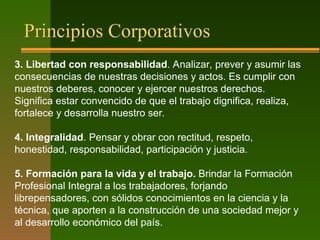 Principios Corporativos
3. Libertad con responsabilidad. Analizar, prever y asumir las
consecuencias de nuestras decisiones y actos. Es cumplir con
nuestros deberes, conocer y ejercer nuestros derechos.
Significa estar convencido de que el trabajo dignifica, realiza,
fortalece y desarrolla nuestro ser.
4. Integralidad. Pensar y obrar con rectitud, respeto,
honestidad, responsabilidad, participación y justicia.
5. Formación para la vida y el trabajo. Brindar la Formación
Profesional Integral a los trabajadores, forjando
librepensadores, con sólidos conocimientos en la ciencia y la
técnica, que aporten a la construcción de una sociedad mejor y
al desarrollo económico del país.
 