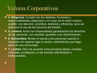 Valores Corporativos
 4. Diligencia. Cumplo con los deberes, funciones y
responsabilidades asignadas a mi cargo de la mejor manera
posible, con atención, prontitud, destreza y eficiencia, para así
optimizar el uso de los recursos del Estado.
 5. Justicia. Actúo con imparcialidad garantizando los derechos
de las personas, con equidad, igualdad y sin discriminación.
 6. Solidaridad. Brindo mi ayuda a las personas cuando lo
necesitan sin esperar algo a cambio, entendiendo que hago
parte de una comunidad.
 7. Lealtad. Obro de acuerdo a los principios éticos, morales,
culturales, ecológicos y a las normas colombianas e
institucionales.

 