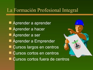 La Formación Profesional Integral
 Aprender a aprender
 Aprender a hacer
 Aprender a ser
 Aprender a Emprender
 Cursos largos en centros
 Cursos cortos en centros
 Cursos cortos fuera de centros
 