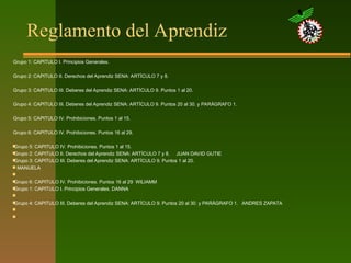 Reglamento del Aprendiz
Grupo 1: CAPITULO I. Principios Generales.
Grupo 2: CAPITULO II. Derechos del Aprendiz SENA: ARTÍCULO 7 y 8.
Grupo 3: CAPITULO III. Deberes del Aprendiz SENA: ARTÍCULO 9. Puntos 1 al 20.
Grupo 4: CAPITULO III. Deberes del Aprendiz SENA: ARTÍCULO 9. Puntos 20 al 30. y PARÁGRAFO 1.
Grupo 5: CAPITULO IV. Prohibiciones. Puntos 1 al 15.
Grupo 6: CAPITULO IV. Prohibiciones. Puntos 16 al 29.

Grupo 5: CAPITULO IV. Prohibiciones. Puntos 1 al 15.

Grupo 2: CAPITULO II. Derechos del Aprendiz SENA: ARTÍCULO 7 y 8. JUAN DAVID GUTIE

Grupo 3: CAPITULO III. Deberes del Aprendiz SENA: ARTÍCULO 9. Puntos 1 al 20.
 MANUELA


Grupo 6: CAPITULO IV. Prohibiciones. Puntos 16 al 29 WILIAMM

Grupo 1: CAPITULO I. Principios Generales. DANNA


Grupo 4: CAPITULO III. Deberes del Aprendiz SENA: ARTÍCULO 9. Puntos 20 al 30. y PARÁGRAFO 1. ANDRES ZAPATA


 