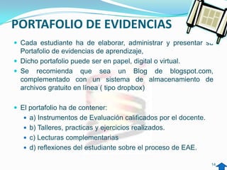 PORTAFOLIO DE EVIDENCIAS
 Cada estudiante ha de elaborar, administrar y presentar su
  Portafolio de evidencias de aprendizaje,
 Dicho portafolio puede ser en papel, digital o virtual.
 Se recomienda que sea un Blog de blogspot.com,
  complementado con un sistema de almacenamiento de
  archivos gratuito en línea ( tipo dropbox)

 El portafolio ha de contener:
    a) Instrumentos de Evaluación calificados por el docente.
    b) Talleres, practicas y ejercicios realizados.
    c) Lecturas complementarias
    d) reflexiones del estudiante sobre el proceso de EAE.

                                                                 14
 