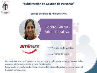 “Subdirección de Gestión de Personas”
Loreto García.
Administrativa.
Sección Beneficio de Alimentación.
Entrega de tarjetas.
Carga de saldo.
Las tarjetas son entregadas a las secretarias de cada servicio, quien debe
entregar dicho documento a cada funcionario.
En caso de reemplazos de corta estancia los días trabajados serán cargados al
finalizar su suplencia.
 