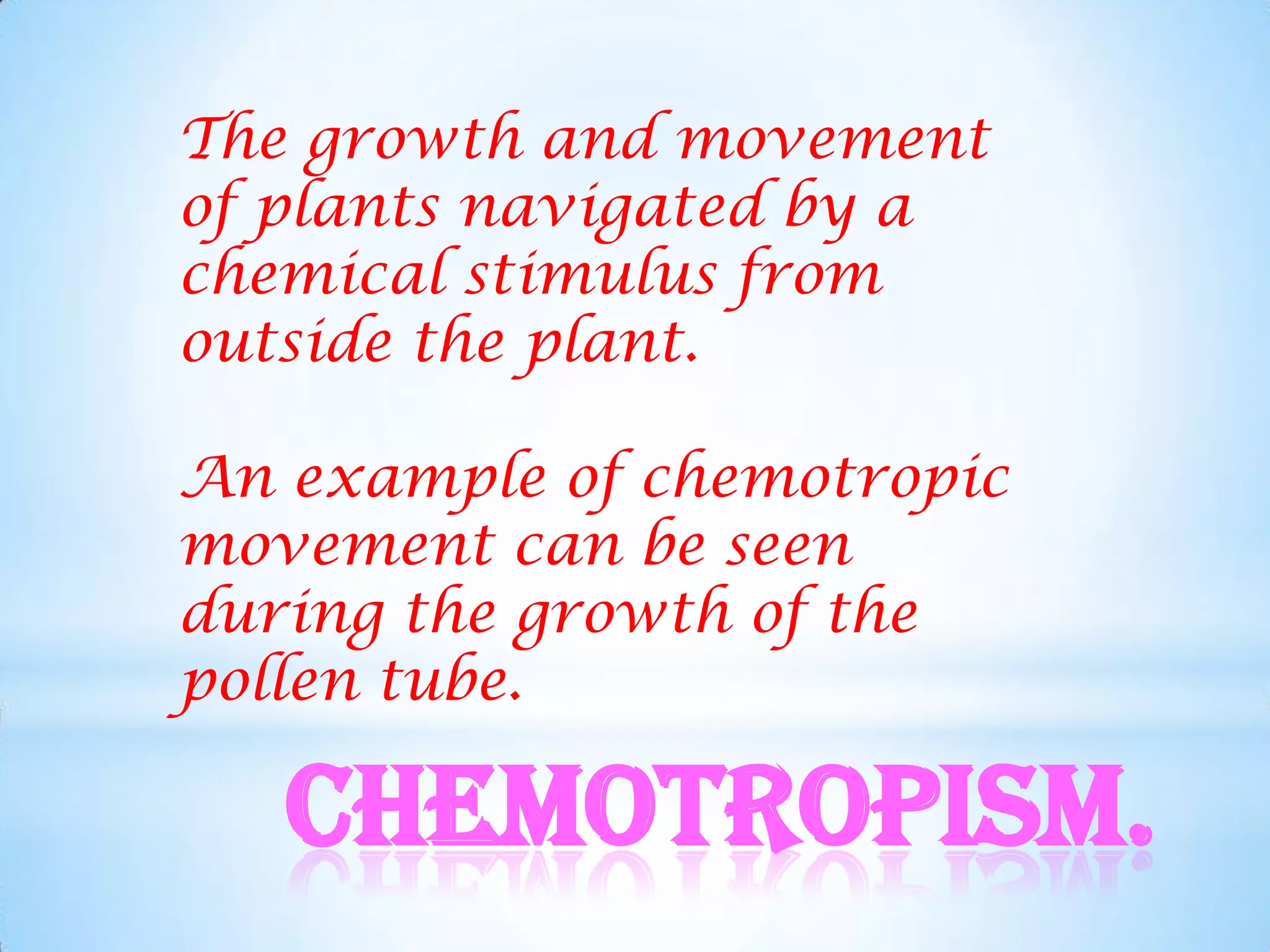 The growth and movement
of plants navigated by a
chemical stimulus from
outside the plant.

An example of chemotropic
movement can be seen
during the growth of the
pollen tube.

   Chemotropism.
 