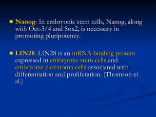 Nanog :  In embryonic stem cells, Nanog, along with Oct-3/4 and Sox2, is necessary in promoting pluripotency.  LIN28 :  LIN28 is an  mRNA binding protein  expressed in  embryonic stem cells  and  embryonic carcinoma cells  associated with differentiation and proliferation. (Thomson et al.)  