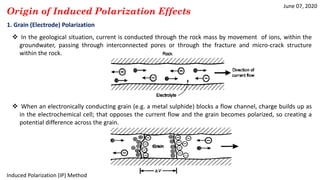 June 07, 2020
Induced Polarization (IP) Method
Origin of Induced Polarization Effects
1. Grain (Electrode) Polarization
 In the geological situation, current is conducted through the rock mass by movement of ions, within the
groundwater, passing through interconnected pores or through the fracture and micro-crack structure
within the rock.
 When an electronically conducting grain (e.g. a metal sulphide) blocks a flow channel, charge builds up as
in the electrochemical cell; that opposes the current flow and the grain becomes polarized, so creating a
potential difference across the grain.
 