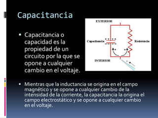 CapacitanciaCapacitancia o capacidad es la propiedad de un circuito por la que se opone a cualquier cambio en el voltaje. Mientras que la inductancia se origina en el campo magnético y se opone a cualquier cambio de la intensidad de la corriente, la capacitancia la origina el campo electrostático y se opone a cualquier cambio en el voltaje. CapacitanciaEl parámetro característico del capacitor es la capacitancia (C), que es el cociente entre las cargas almacenadas (Q) y la tensión aplicada entre sus placas (V).C = Q / VLa capacitancia se mide en farads (F), aunque generalmente se trabaja en µF (10-6farads) o nF (10-9farads).