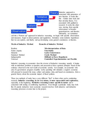 Inductive approach is
concerned with generation of
new theories. It works like
this – Gather data- look and
then develop theory. It is
associated with qualitative
research. It works the other
way, moving from specific
observations to broader
generalizations and theories.
Informally, we sometimes
call this a "bottom up" approach In inductive reasoning, we begin with specific observations
and measures, begin to detect patterns and regularities, formulate some tentative hypotheses
that we can explore, and finally end up developing some general conclusions or theories.
Merits of Inductive Method Demerits of Inductive Method
Realistic Mis-interpretation of Data
Future enquiry Uncertainty
Dynamic Lacks Concreteness
Statistical Method Costly Method
Indispensable Difficult to Prove Hypothesis
Universal Controlled Experimentation not Possible
Inductive reasoning in economics does the reverse of deductive reasoning; namely, it begins
with an individual problem or question and proceeds to form a general principle based on the
evidence observed in the real world of economic activity. For example, an economist who
asks if a government program of public works spending will stimulate a region's economy
will proceed to research the issue, collect and analyse data, and based on conclusions, form a
general theory about the economic impact of fiscal policies.
These two methods of study have a very different "feel" to them when you're conducting
research. Inductive reasoning, by its very nature, is more open-ended and exploratory,
especially at the beginning. Deductive reasoning is more specific in nature and is
concerned with testing or confirming hypotheses. Even though a particular study may look
like it's purely deductive most economic research involves both inductive and deductive
reasoning processes at some time in the project.
******
 