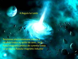 4.Regula lui LentzTensiuneaelectromotoareindusasicurentulindus au astfel de sens , încîtfluxul magnetic produs de curentulindussa se opunafluxului magnetic inductor .