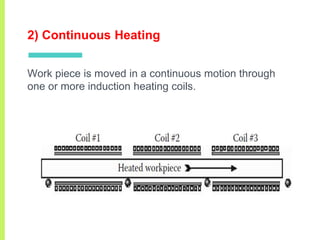 2) Continuous Heating
Work piece is moved in a continuous motion through
one or more induction heating coils.
 