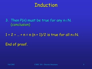 Fall 2002 CMSC 203 - Discrete Structures 9
Induction
3. Then P(n) must be true for any nN.
(conclusion)
1 + 2 + … + n = n (n + 1)/2 is true for all nN.
End of proof.
 
