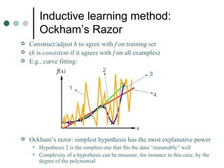 Inductive learning method: Ockham’s Razor Construct/adjust  h  to agree with  f  on training set ( h  is  consistent  if it agrees with  f  on all examples) E.g., curve fitting: Ockham’s razor: simplest hypothesis has the most explanative power Hypothesis 2 is the simplest one that fits the data “reasonably” well Complexity of a hypothesis can be measure, for instance in this case, by the degree of the polynomial 1 2 3 4 