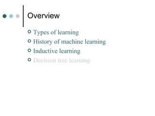 Overview Types of learning History of machine learning Inductive learning Decision tree learning 