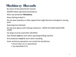 Machinery Hazards
Be aware of the potential for hazards
ALWAYS follow operational procedures
Wear eye protection Mandatory
Keep clothing tucked in
Do not wear jewellery or other apparel that might become entangled in moving
parts
Keep long hair tied back
Do not wear gloves with rotating machinery – REFER TO GLOVE SELECTION
CHART
Ear plugs must be used when identified
Face Shields must be worn when operating buffing machine
Arm protectors must be worn when moulding
Some machinery operations can create fine dust/fumes
• Ensure that L.E.V is operational
• Use identified P.P.E.
26
 