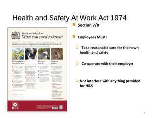 Health and Safety At Work Act 1974
3
 Section 7/8
 Employees Must :
 Take reasonable care for their own
health and safety
 Co-operate with their employer
 Not interfere with anything provided
for H&S
 