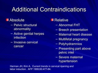 Additional Contraindications Absolute Pelvic structural abnormality Active genital herpes infection Invasive cervical cancer Relative Abnormal FHT Breech presentation Maternal heart disease Multifetal pregnancy Polyhydramnios Presenting part above pelvic inlet Severe maternal hypertension Harman JH, Kim A.  Current trends in cervical ripening and labor induction.  AFP 1999;60:477-84. 