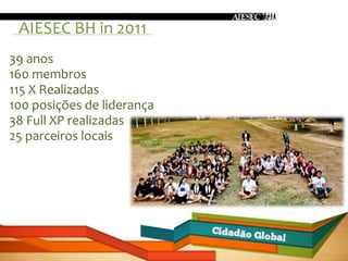 AIESEC BH in 2011
39 anos
160 membros
115 X Realizadas
100 posições de liderança
38 Full XP realizadas
25 parceiros locais
 