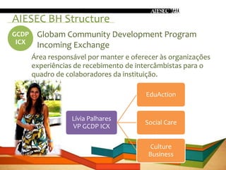 AIESEC BH Structure
GCDP    Globam Community Development Program
 ICX    Incoming Exchange
       Área responsável por manter e oferecer às organizações
       experiências de recebimento de intercâmbistas para o
       quadro de colaboradores da instituição.

                                         EduAction


                   Lívia Palhares
                                         Social Care
                   VP GCDP ICX

                                          Culture
                                          Business
 