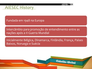AIESEC History

Fundada em 1948 na Europa

Intercâmbio para promoção de entendimento entre as
nações após a II Guerra Mundial

Inicialmente Bélgica, Dinamarca, Finlândia, França, Países
Baixos, Noruega e Suécia
 