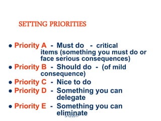 10
SETTING PRIORITIES
 Priority A - Must do - critical
items (something you must do or
face serious consequences)
 Priority B - Should do - (of mild
consequence)
 Priority C - Nice to do
 Priority D - Something you can
delegate
 Priority E - Something you can
eliminate
5/12/2017
 