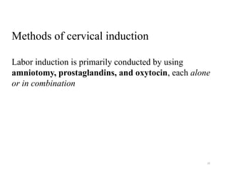 23
Labor induction is primarily conducted by using
amniotomy, prostaglandins, and oxytocin, each alone
or in combination
Methods of cervical induction
 