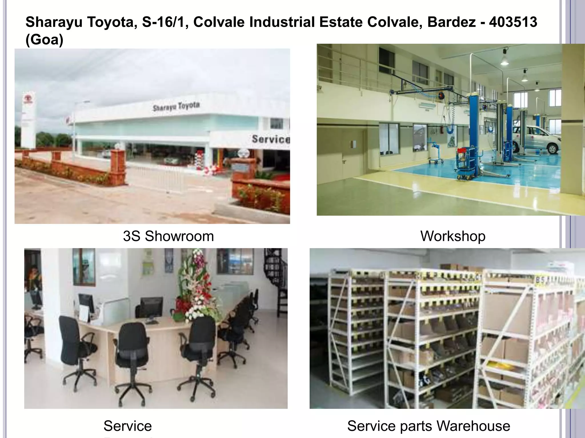 Sharayu Toyota, S-16/1, Colvale Industrial Estate Colvale, Bardez - 403513
(Goa)




              3S Showroom                                Workshop




           Service                            Service parts Warehouse
 