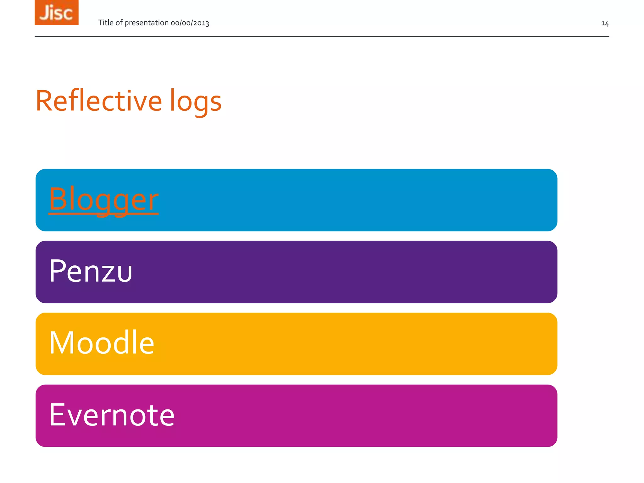 Reflective logs
Blogger
Penzu
Moodle
Evernote
Title of presentation 00/00/2013 14
 