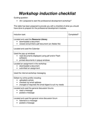 Workshop induction checklist
Guiding question:
   •   Am I prepared to start the professional development workshop?

This table has been prepared to provide you with a checklist of what you should
have done to prepare for the professional development modules.


Induction task:                                                   Completed?

Located and used the Resource Library
   • downloaded a document
   • viewed and printed a pdf document (an Adobe file)

Located and used the Calendar

Used the pop up windows
   • read documents displayed (using pdf and/or Flash
      software)
   • printed documents in popup windows
Located an assignment in the workshop
   • downloaded a document
   • submitted an assignment

Used the internal workshop messaging

Edited my online profile including:
   • uploaded a photo
   • checked my email address
   • changed (if required) the email digest to suit my needs
Located and used the general discussion forums
   • read a message
   • posted a message


Located and used the general voice discussion forum
   • listened to a message
   • posted a message
 