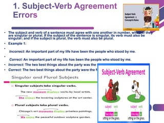 • The subject and verb of a sentence must agree with one another in number, whether they
are singular or plural. If the subject of the sentence is singular, its verb must also be
singular; and if the subject is plural, the verb must also be plural.
• Example 1:
•
Incorrect: An important part of my life have been the people who stood by me.
•
Correct: An important part of my life has been the people who stood by me.
• Incorrect: The two best things about the party was the food and the music.
• Correct: The two best things about the party were the food and the music.
 