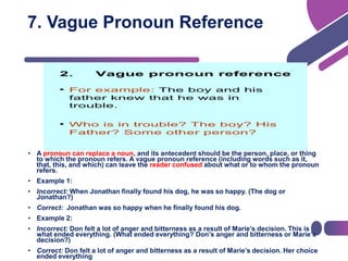 • A pronoun can replace a noun, and its antecedent should be the person, place, or thing
to which the pronoun refers. A vague pronoun reference (including words such as it,
that, this, and which) can leave the reader confused about what or to whom the pronoun
refers.
• Example 1:
• Incorrect: When Jonathan finally found his dog, he was so happy. (The dog or
Jonathan?)
• Correct: Jonathan was so happy when he finally found his dog.
• Example 2:
• Incorrect: Don felt a lot of anger and bitterness as a result of Marie’s decision. This is
what ended everything. (What ended everything? Don’s anger and bitterness or Marie’s
decision?)
• Correct: Don felt a lot of anger and bitterness as a result of Marie’s decision. Her choice
ended everything
7. Vague Pronoun Reference
 