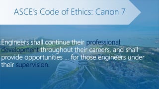 Engineers shall continue their professional
development throughout their careers, and shall
provide opportunities … for th...