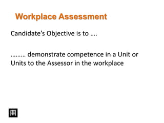 Workplace Assessment
Candidate’s Objective is to ….
……… demonstrate competence in a Unit or
Units to the Assessor in the workplace
 