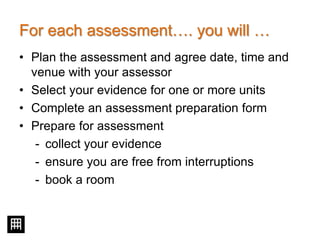 For each assessment…. you will …
• Plan the assessment and agree date, time and
venue with your assessor
• Select your evidence for one or more units
• Complete an assessment preparation form
• Prepare for assessment
- collect your evidence
- ensure you are free from interruptions
- book a room
 