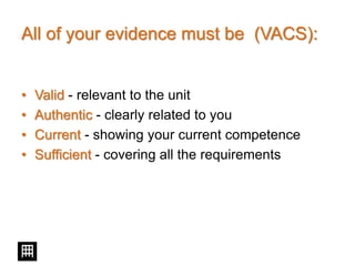 All of your evidence must be (VACS):
• Valid - relevant to the unit
• Authentic - clearly related to you
• Current - showing your current competence
• Sufficient - covering all the requirements
 