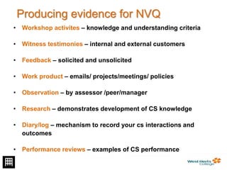 Producing evidence for NVQ
• Workshop activites – knowledge and understanding criteria
• Witness testimonies – internal and external customers
• Feedback – solicited and unsolicited
• Work product – emails/ projects/meetings/ policies
• Observation – by assessor /peer/manager
• Research – demonstrates development of CS knowledge
• Diary/log – mechanism to record your cs interactions and
outcomes
• Performance reviews – examples of CS performance
 