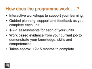 How does the programme work ….?
• Interactive workshops to support your learning.
• Guided planning, support and feedback as you
complete each unit
• 1-2-1 assessments for each of your units
• Work based evidence from your current job to
demonstrate your knowledge, skills and
competencies
• Takes approx. 12-15 months to complete
 