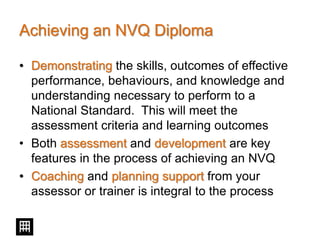 Achieving an NVQ Diploma
• Demonstrating the skills, outcomes of effective
performance, behaviours, and knowledge and
understanding necessary to perform to a
National Standard. This will meet the
assessment criteria and learning outcomes
• Both assessment and development are key
features in the process of achieving an NVQ
• Coaching and planning support from your
assessor or trainer is integral to the process
 