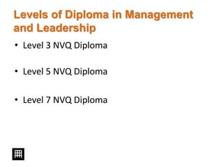 Levels of Diploma in Management
and Leadership
• Level 3 NVQ Diploma
• Level 5 NVQ Diploma
• Level 7 NVQ Diploma
 