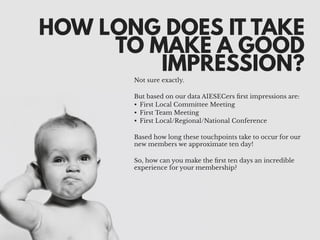 HOW LONG DOES IT TAKE
TO MAKE A GOOD
IMPRESSION?
Not sure exactly.
But based on our data AIESECers ﬁrst impressions are:
• First Local Committee Meeting
• First Team Meeting
• First Local/Regional/National Conference
Based how long these touchpoints take to occur for our
new members we approximate ten day!
So, how can you make the ﬁrst ten days an incredible
experience for your membership?
 