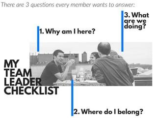 MY
TEAM
LEADER
CHECKLIST
1. Why am I here?
2. Where do I belong?
3. What
are we
doing?
There are 3 ques:ons every member wants to answer:
 