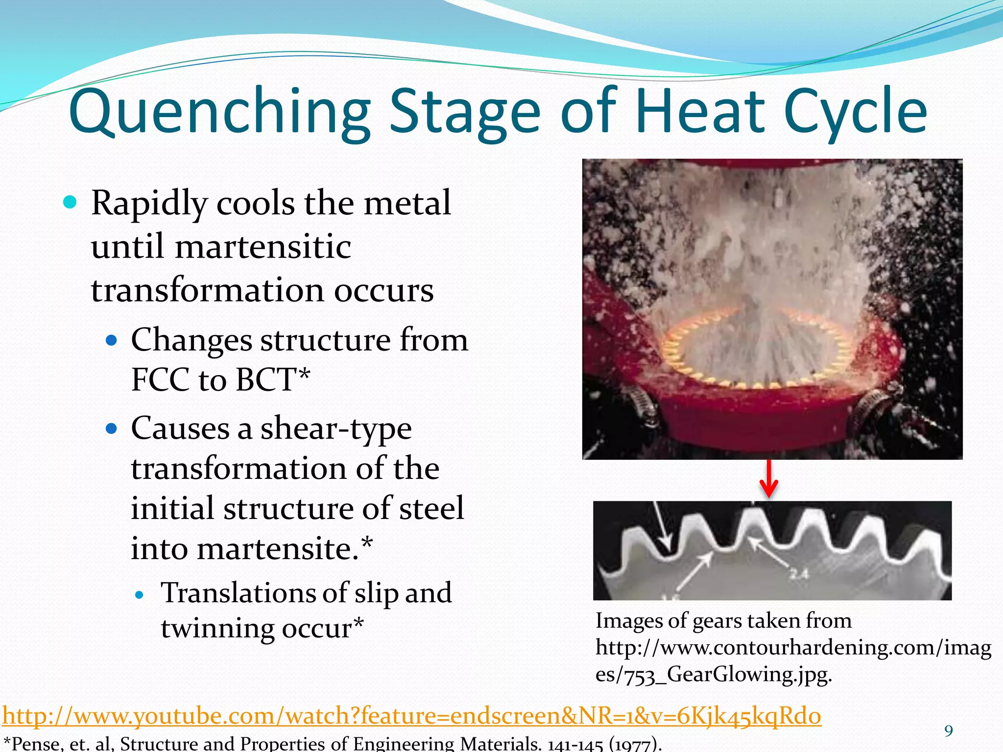 Quenching Stage of Heat Cycle
        Rapidly cools the metal
         until martensitic
         transformation occurs
           Changes structure from
            FCC to BCT*
           Causes a shear-type
            transformation of the
            initial structure of steel
            into martensite.*
                   Translations of slip and
                    twinning occur*                                      Images of gears taken from
                                                                         http://www.contourhardening.com/imag
                                                                         es/753_GearGlowing.jpg.
http://www.youtube.com/watch?feature=endscreen&NR=1&v=6Kjk45kqRdo                                       9
*Pense, et. al, Structure and Properties of Engineering Materials. 141-145 (1977).
 