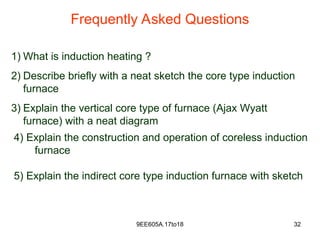 9EE605A.17to18 32
Frequently Asked Questions
1) What is induction heating ?
2) Describe briefly with a neat sketch the core type induction
furnace
3) Explain the vertical core type of furnace (Ajax Wyatt
furnace) with a neat diagram
4) Explain the construction and operation of coreless induction
furnace
5) Explain the indirect core type induction furnace with sketch
 