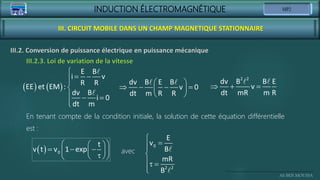 INDUCTION ÉLECTROMAGNÉTIQUE
Ali BEN MOUSSA
III. CIRCUIT MOBILE DANS UN CHAMP MAGNETIQUE STATIONNAIRE
III.2. Conversion de puissance électrique en puissance mécanique
III.2.3. Loi de variation de la vitesse
   

 



  


E B
i v
R R
EE et EM :
dv B
i 0
dt m
 
   
 
 
dv B E B
v 0
dt m R R
  
2 2
dv B B E
v
dt mR m R
En tenant compte de la condition initiale, la solution de cette équation différentielle
est :
 
 
 
  
 
 

 
 
0
t
v t v 1 exp avec





 


0
2 2
E
v
B
mR
B
 