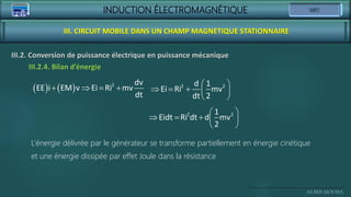 INDUCTION ÉLECTROMAGNÉTIQUE
Ali BEN MOUSSA
III. CIRCUIT MOBILE DANS UN CHAMP MAGNETIQUE STATIONNAIRE
III.2. Conversion de puissance électrique en puissance mécanique
III.2.4. Bilan d’énergie
   
   
2 dv
EE i EM v Ei Ri mv
dt
 
    
 
2 2
d 1
Ei Ri mv
dt 2
 
    
 
2 2
1
Eidt Ri dt d mv
2
L’énergie délivrée par le générateur se transforme partiellement en énergie cinétique
et une énergie dissipée par effet Joule dans la résistance
 