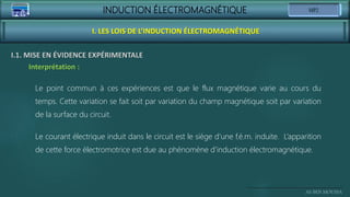 INDUCTION ÉLECTROMAGNÉTIQUE
Ali BEN MOUSSA
I. LES LOIS DE L’INDUCTION ÉLECTROMAGNÉTIQUE
I.1. MISE EN ÉVIDENCE EXPÉRIMENTALE
Le point commun à ces expériences est que le flux magnétique varie au cours du
temps. Cette variation se fait soit par variation du champ magnétique soit par variation
de la surface du circuit.
Interprétation :
Le courant électrique induit dans le circuit est le siège d’une f.é.m. induite. L’apparition
de cette force électromotrice est due au phénomène d’induction électromagnétique.
 