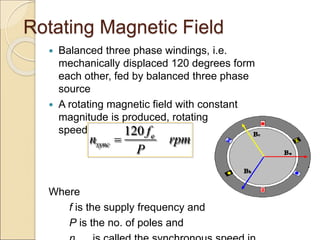 Rotating Magnetic Field
 Balanced three phase windings, i.e.
mechanically displaced 120 degrees form
each other, fed by balanced three phase
source
 A rotating magnetic field with constant
magnitude is produced, rotating with a
speed
Where
f is the supply frequency and
P is the no. of poles and
120 e
sync
f
n rpm
P

 