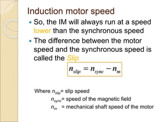Induction motor speed
 So, the IM will always run at a speed
lower than the synchronous speed
 The difference between the motor
speed and the synchronous speed is
called the Slip
Where nslip= slip speed
nsync= speed of the magnetic field
nm = mechanical shaft speed of the motor
slip sync m
n n n
 
 