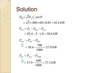 Solution
1.
2.
3.
3 cos
3 480 60 0.85 42.4 kW
in L L
P V I 

    
42.4 2 1.8 38.6 kW
AG in SCL core
P P P P
  
   
700
38.6 37.9 kW
1000
conv AG RCL
P P P
 
  
&
600
37.9 37.3 kW
1000
out conv F W
P P P
 
  
 