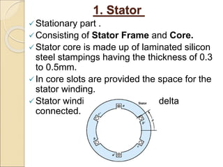 1. Stator
Stationary part .
Consisting of Stator Frame and Core.
Stator core is made up of laminated silicon
steel stampings having the thickness of 0.3
to 0.5mm.
In core slots are provided the space for the
stator winding.
Stator winding may be star or delta
connected.
 