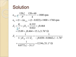 Solution
1.
2.
120 120 60
1800 rpm
4
e
sync
f
n
P

  
(1 ) (1 0.022) 1800 1760 rpm
m sync
n s n
     
2
2 2
0.332
0.464
0.022
15.09 0.464 15.1 1.76
R
Z jX j
s
j
   
     
2
1 1
1/ 1/ 0.038 0.0662 1.76
1
12.94 31.1
0.0773 31.1
f
M
Z
jX Z j
 
    
    
 
 