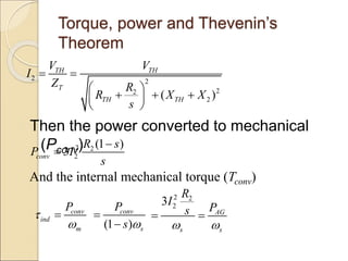 Torque, power and Thevenin’s
Theorem
Then the power converted to mechanical
(Pconv)
2 2
2
2
2
( )
TH TH
T
TH TH
V V
I
Z R
R X X
s
 
 
  
 
 
2 2
2
(1 )
3
conv
R s
P I
s


And the internal mechanical torque (Tconv)
conv
ind
m
P



(1 )
conv
s
P
s 


2 2
2
3
AG
s s
R
I
P
s
 
 
 